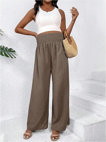 SHENHE Women's Maternity Wide Leg Pants Shirred High Waisted Prenancy Loose Pants Palazzo Pants in Saudi Arabia