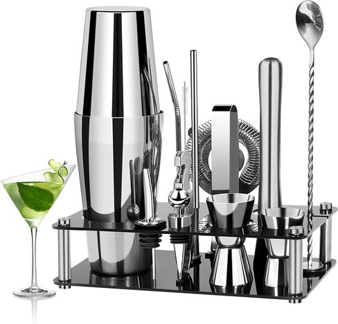 17 Piece Cocktail Shaker Set Mixology Bartender Kit with Wood Stand,Bar Tool Set: Martini Shaker,Jigger,Strainer,Mixer Spoon,Muddler,Liquor Pourers for Drink Mixing Bartending Kit in Saudi Arabia