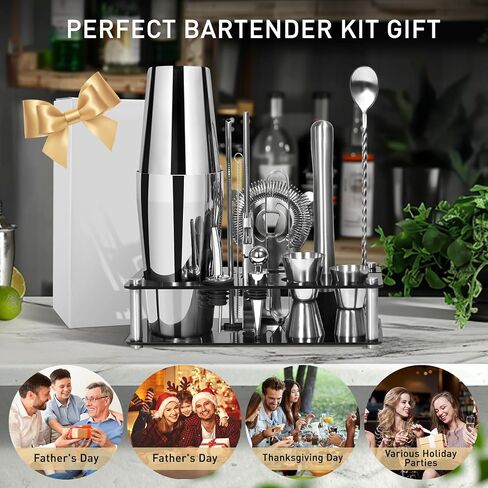 17 Piece Cocktail Shaker Set Mixology Bartender Kit with Wood Stand,Bar Tool Set: Martini Shaker,Jigger,Strainer,Mixer Spoon,Muddler,Liquor Pourers for Drink Mixing Bartending Kit in Saudi Arabia