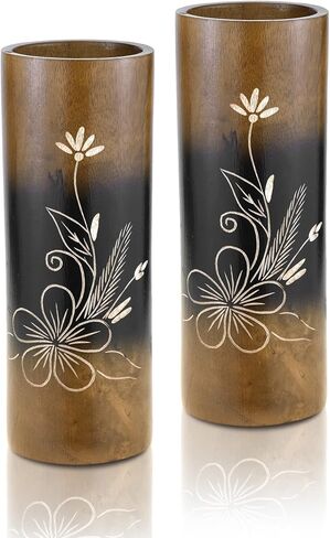 Aeravida Flourished Plumeria Flower Brown Cylindrical Mango Tree Wood Set of Vase | Modern Farmhouse Home Décor | Kitchen Bedroom Living Room Home Decoration in Kuwait