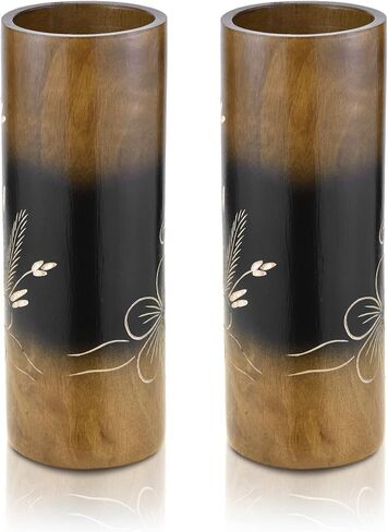 Aeravida Flourished Plumeria Flower Brown Cylindrical Mango Tree Wood Set of Vase | Modern Farmhouse Home Décor | Kitchen Bedroom Living Room Home Decoration in Kuwait
