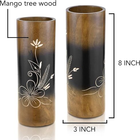 Aeravida Flourished Plumeria Flower Brown Cylindrical Mango Tree Wood Set of Vase | Modern Farmhouse Home Décor | Kitchen Bedroom Living Room Home Decoration in Kuwait