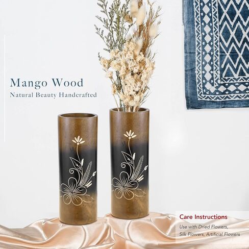 Aeravida Flourished Plumeria Flower Brown Cylindrical Mango Tree Wood Set of Vase | Modern Farmhouse Home Décor | Kitchen Bedroom Living Room Home Decoration in Kuwait