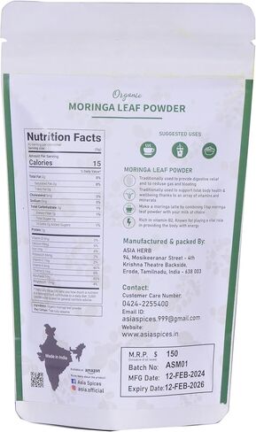 Asia Organic Moringa Powder (100g/3.52oz) Moringa Oleifera Leaf Powder - USDA Organic, Gluten Free, Non-GMO | Perfect for Smoothies, Drinks, Tea & Recipes | Packed in Resealable in Saudi Arabia