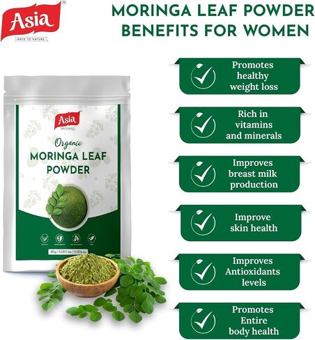 Asia Organic Moringa Powder (100g/3.52oz) Moringa Oleifera Leaf Powder - USDA Organic, Gluten Free, Non-GMO | Perfect for Smoothies, Drinks, Tea & Recipes | Packed in Resealable in Saudi Arabia