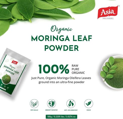 Asia Organic Moringa Powder (100g/3.52oz) Moringa Oleifera Leaf Powder - USDA Organic, Gluten Free, Non-GMO | Perfect for Smoothies, Drinks, Tea & Recipes | Packed in Resealable in Saudi Arabia