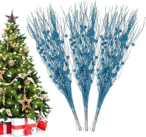 Christmas Artificial Glitter Berry Stem Decorations Decorative Bead Sticks Xmas Picks Glittery Twigs Branches for Christmas Tree Wreath Gift Vase Decor Party Ornaments Blue 24 PCS in Kuwait