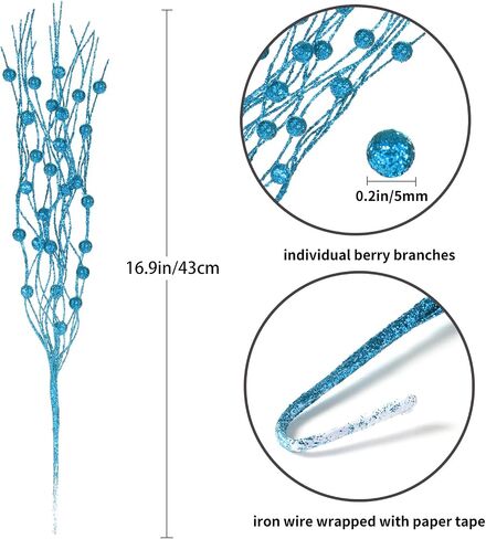 Christmas Artificial Glitter Berry Stem Decorations Decorative Bead Sticks Xmas Picks Glittery Twigs Branches for Christmas Tree Wreath Gift Vase Decor Party Ornaments Blue 24 PCS in Kuwait