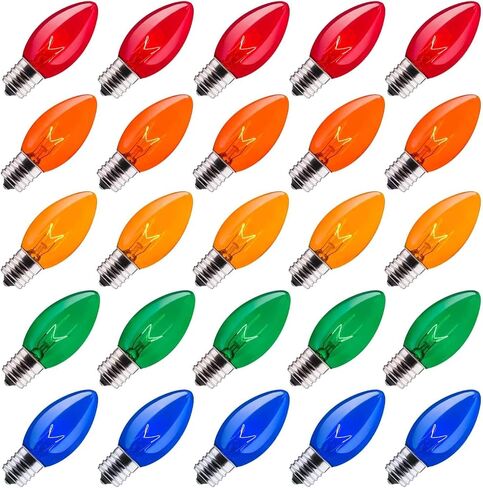 C9 Opaque Replacement Christmas Lights Bulbs Vintage Incandescent Red Green Blue White Orange Glass for Xmas String Lights Outdoor Indoor Holiday Decorations (E17 Base, 25 Count Multicolored) in Saudi Arabia