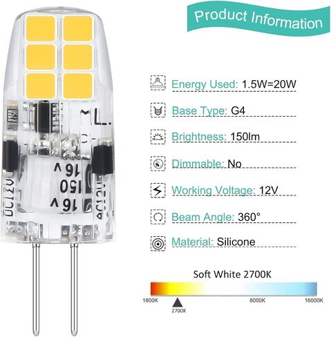 لمبة G4 LED، لمبة ضوء G4 من النوع Bi Pin Base لمبة AC/DC 12V 20W مكافئة لمبات الهالوجين G4 للإضاءة تحت غطاء الخزانة، أبيض ناعم 2700K 5 عبوات in Saudi Arabia