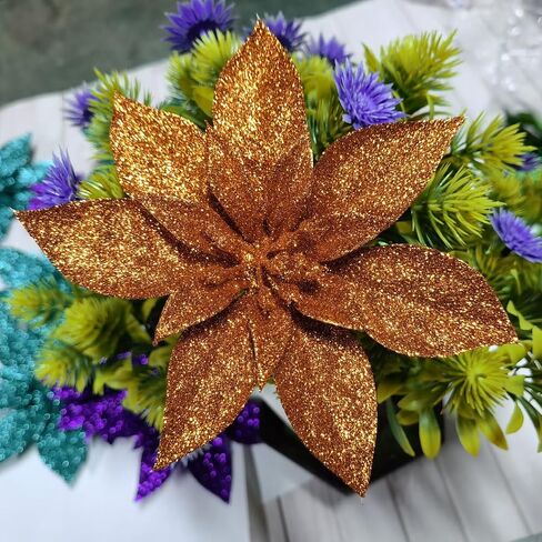 زهور البونسيتة اللامعة من YYCRAFT مقاس 15.24 سم لزينة شجرة عيد الميلاد وزينة عيد الميلاد (12 قطعة، أزرق مخضر) in Kuwait