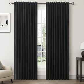 Blackout Curtains 84 Inch Length 2 Panels for Bedroom Back Tab Hook Belt Black Linen Textured 100 Percent Black Out Curtains 84 Inch Long Thermal Room Darkening Window Drapes for Living Room 52X84