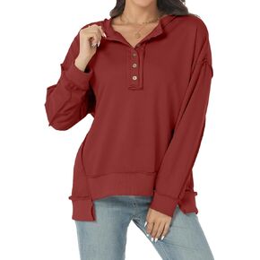 Tanou Women's 2024 Oversized Sweatshirts Long Sleeve Button Up Hoodies Henley V Neck Casual Pullover Hooded Tunic