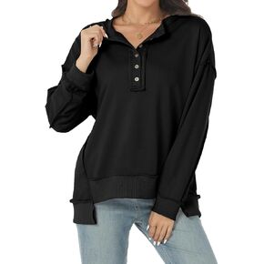 Tanou Women's 2024 Oversized Sweatshirts Long Sleeve Button Up Hoodies Henley V Neck Casual Pullover Hooded Tunic