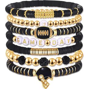 Game Day Bracelets for Women Football Bracelets Red Black Blue Heishi Clay Beaded Stretch Bracelets Stackable Sports Football Charm Bracelet Bangles Football Mom Accessories Outfits Jewelry Gifts
