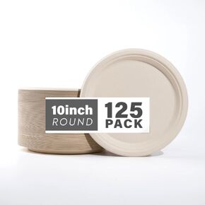 COMPOSTABLE 10 inch [125 pack] PLATES Biodegradable Disposable Eco Friendly Party Plates for Weddings, Birthday, Picnic, Camping, Household, Kids, Corporate and more.