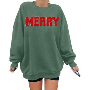FASHGL Merry Sweatshirt Women Christmas Glitter Patch Merry Shirt Merry Letter Print Long Sleeve Overzise Pullover Tops