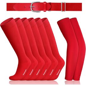 Haysandy Baseball 3 Pair Socks 1 Belt 1 Arm Sleeve Combo Set for Youth Adjustable Softball Belt Elastic Socks Arm Sleeve(Large,Red)