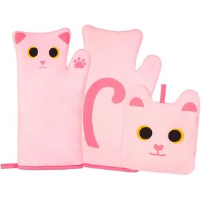Oven Mitts,Cute Cat Design Cooking Glove,Quilted Cotton Lining,Heat Resistant Oven Mitts and Pot Holders Sets for Baking,Microwave,Cute Oven Mitts Gift for Mom,Housewarming(Black)