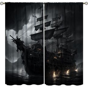 Pirate Ship Curtain, Fantasy Ocean Vintage Pirate Ship Ocean Themed Gothic Fantasy Black Grey Print Window Treatments for Living Room, Bedroom, Nursery, Children's Room 21" W x 45" L x2【Decor】