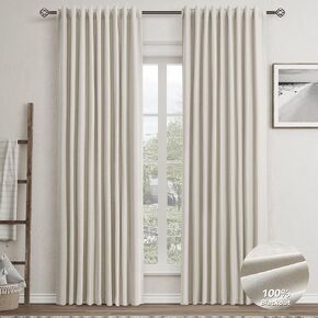 Greyish Beige Blackout Curtains 90 Inch Length for Living Room Natural Flax Linen Look Block Out Window Curtain 2 Panels Hook Belt Pleated Darkening Curtains for Bedroom 52x90 Long Light Taupe