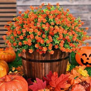 Fall Decor, Fake Mums, 12 Bundles Fall Flowers, UV Resistant Artificial Mums for Outdoors, Faux Mums for Outside,Fall Flowers Plants Artificial for Decoration For Home Porch Thanksgiving,Green Orange