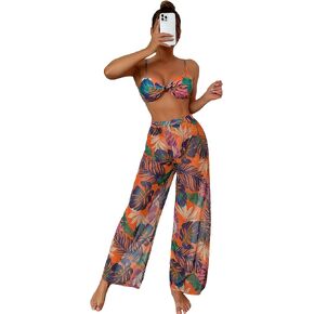 WDIRARA Women's 3 Piece Set Tropical Print High Cut Wrap Front Bikini Swimsuit