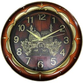 Islamic Wall Clock AMN-447 Round Shape 13 inch Diameter Design Allah Muhammad Names Arabic Calligraphy House Room Office Mount Decor Muslim Eid Ramadan Gift (Brown)