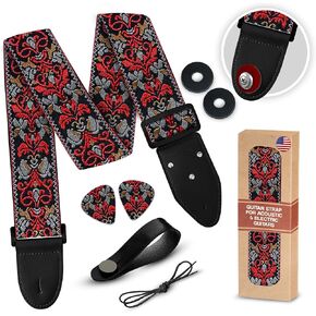 Art Tribute Guitar Strap for Bass, Electric & Acoustic Guitars. Light Blue Adjustable Cotton Strap W/FREE BONUS- 2 Picks + Strap Locks + Strap Button. Best Gift Set for Guitar Players Men & Women