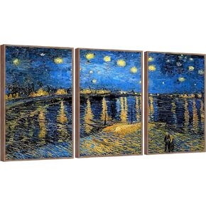 FULL HOUSE Framed Canvas Wall Art of Van Gogh Oil Paintings - Starry Night Over The Rhone - Impressionism Aesthetic Canvas Prints Artwork for Living Room Bedroom Office Home, 3 Panels
