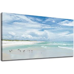 Sea Beach Canvas Wall Art Aqua Ocean Canvas Pictures Nature Wall Decor Coastal Seagulls Canvas Prints Modern Seascape Canvas Painting Artwork for Living Room Bedroom Office Wall Decoration 29" x 58"