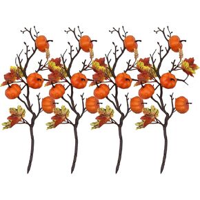 Firlar Artificial Pumpkin Branches, 4 PCS Artificial Maple Leaf Pumpkin Picks, Pumpkin Fall Stems for Vases, Fake Pumpkin Twig Stem Flower Autumn Floral Picks Halloween Thanksgiving Festival decor