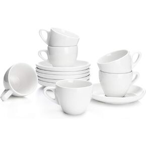 Sweese 2 Ounce Espresso Cups with Saucers, Porcelain Espresso Cups Set of 6 - White