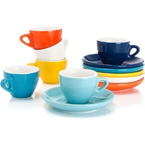 Sweese 2 Ounce Espresso Cups with Saucers, Porcelain Espresso Cups Set of 6 - White