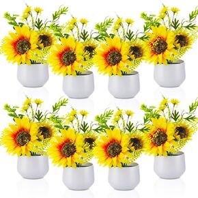 Zeyune 8 Pieces Artificial Sunflower Potted Plants for Yellow Kitchen Decor Sunflower Centerpieces for Tables Mason Jar Artificial Flowers in Plastic Pot for Bathroom Wedding Office