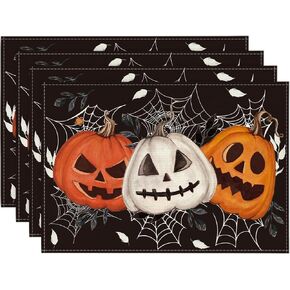 Artoid Mode Black Pumpkins Spider Web Halloween Placemats Set of 4, 12x18 Inch Seasonal Fall Table Mats for Party Kitchen Dining Decoration
