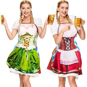 Whaline 2Pcs Oktoberfest Apron, Female Dirndl Costume Outfit, German Oktoberfest Dress, Novelty Apron for Kitchen Cooking BBQ Party (Red, Green)