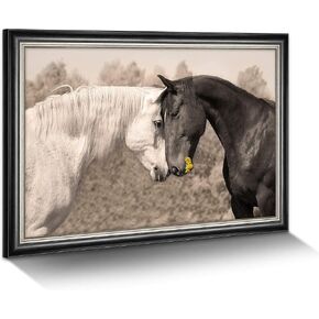 Ranch Horse Canvas Wall Art: Black and White Equines Friendly Painting Lovely Wild Animal Head Prints Country Wildlife Portrait Picture Modern Horizontal Steeds Artwork for Bedroom Office