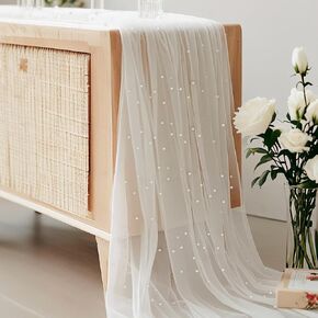 Elegant Pearl Table Runner - Sheer White Mesh with Pearl Accents - Perfect for Weddings, Parties, and Home Decor - 12" x 108"