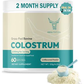 OXNUTRITION Colostrum Supplement Powder for Gut Health, Immune Support, Muscle Recovery, Hair & Beauty | Pure Gress Fed Bovine Colostrum for Humans, Natural IgG, Unflavored, 60 Servings