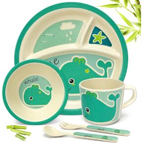 5 Pcs Bamboo Kid Plate and Bowl Set, Unbreakable Plastic Toddler Feeding Set Children Dinnerware Set Include Divided Plate, Bowl, Cup, Spoon, Fork, Durable Cartoon Tableware (Green Elephant)