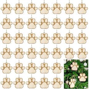 Nuenen Dog Paw Wood Sign Wood Dog Paw Silhouette Tag Unfinished Hanging Slices DIY Puppy Wood Cutouts Pet Hanging Embellishments Decoration for Christmas Tree Ornaments (40 Pieces)
