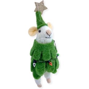 White Mouse Christmas Tree Ornament - Wool Mouse Dressed as Tree Ornament