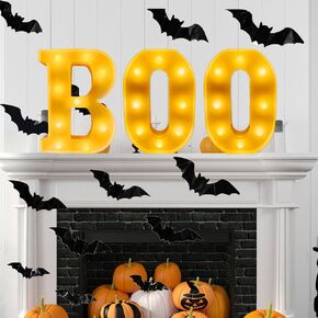 Halloween Boo Sign + 3D Bat Decorations Letter Lights Sign LED Boo Marquee for Halloween Indoor Outdoor Home Room Fireplace Tabletop Party Decor