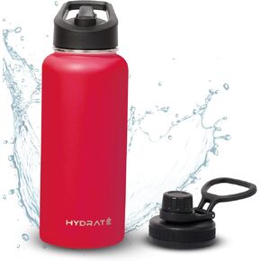 Hydrate 32oz Insulated Water Bottle with Straw - Double-Wall Vacuum Insulation - Chug and Straw Lid - Keeps Drinks Cold or Hot for Longer - Leak-Proof with Strap - Ideal for School - Chilli Pepper