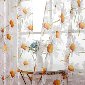 BROSHAN Colorful Sheer Curtains for Bedroom 63 inch Length, White Orange Patterned See-Through Drapes Living Room,Rod Pocket Floral Voile Short Window Curtain Set of 2 Panels