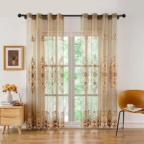 ELKCA European-Style Embroidered Sheer Curtains for Living Room Luxury Brown Tulle Curtains for Bedroom,Grommet Top(52" W x 84" L,2 Panels)