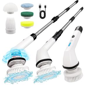 Electric Spin Scrubber, Cordless Rotary Scrubber with 6 Replaceable Brush Heads and Adjustable Extension Handle, Power Cleaning Brush for Bathroom,Floor, Sink， (White)