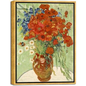 Wieco Art Framed Wall Art of Red Poppies and Daisies by Vincent Van Gogh Paintings Reproduction Abstract Canvas Prints for Home Living Room Decorations Bronze Gold Frame
