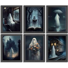 6Pcs Midnight Ghost Canvas wall art Halloween Ghost Posters prints Thriller Horror Gothic Wall Decor Pictures for Halloween Party House Decoration Unframed 8x10in